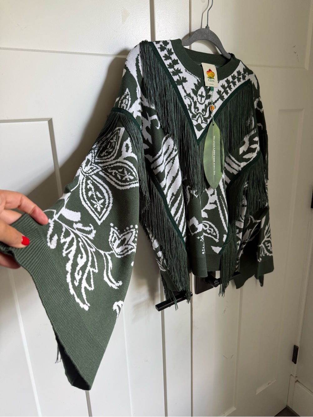 NWT Farn Rio Miranda Dark Green and White Fringe Knit Sweater size S. - Picture 7 of 11